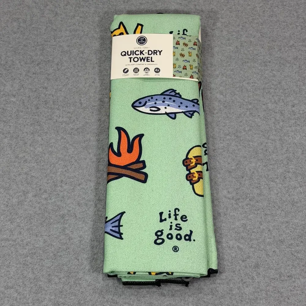 Life is Good Quick Dry Towel Micro Terry Beach Camp Travel Fish 72x30 Green NWT